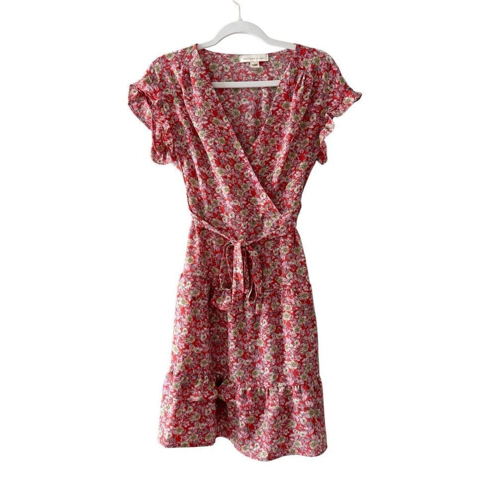 Monteau Multicolor Dress Size Extra Small Floral V Neck Tie Front Short Sleeve